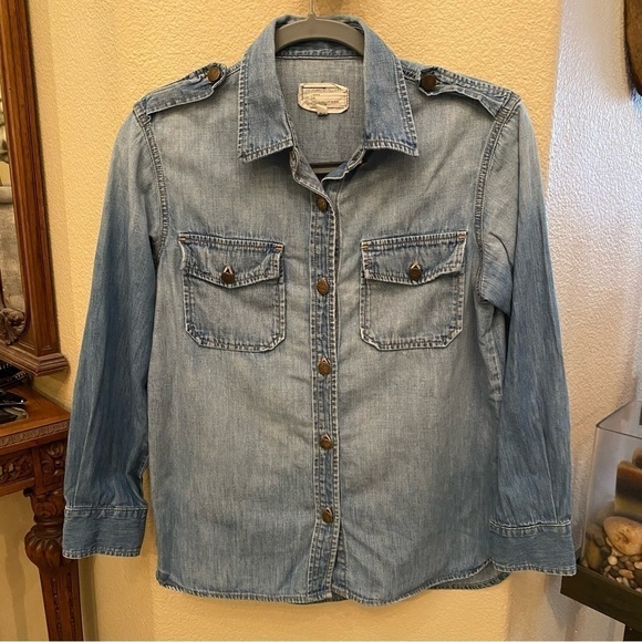 CURRENT/ELLIOTT Women Blue Chambray Button Long Sleeve Top Size 2-Small - Picture 1 of 5